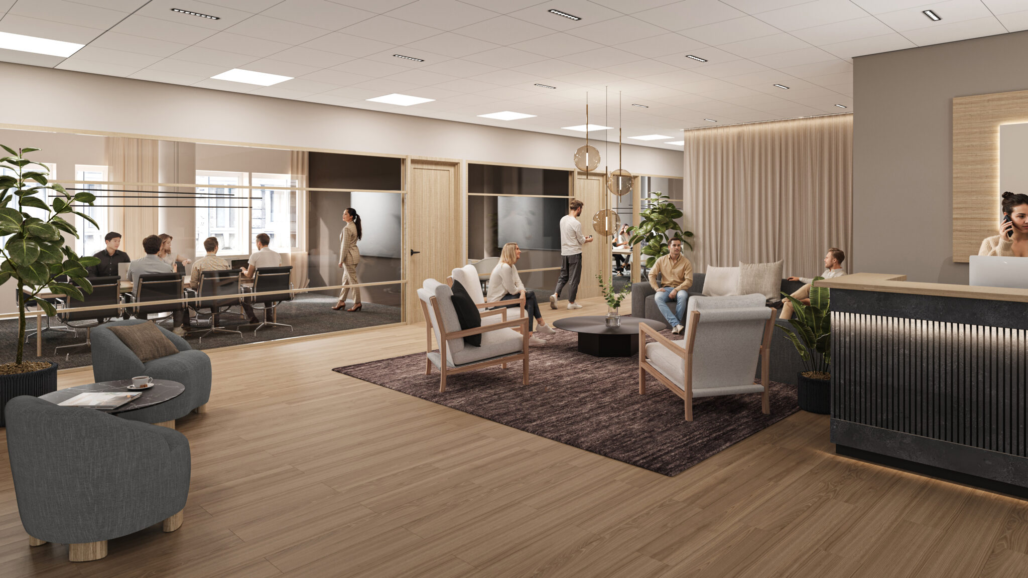 Havainnekuva vaaleilla puupinnoilla olevasta toimistotilan käytävästä Kluuvi Offices 3. kerroksessa