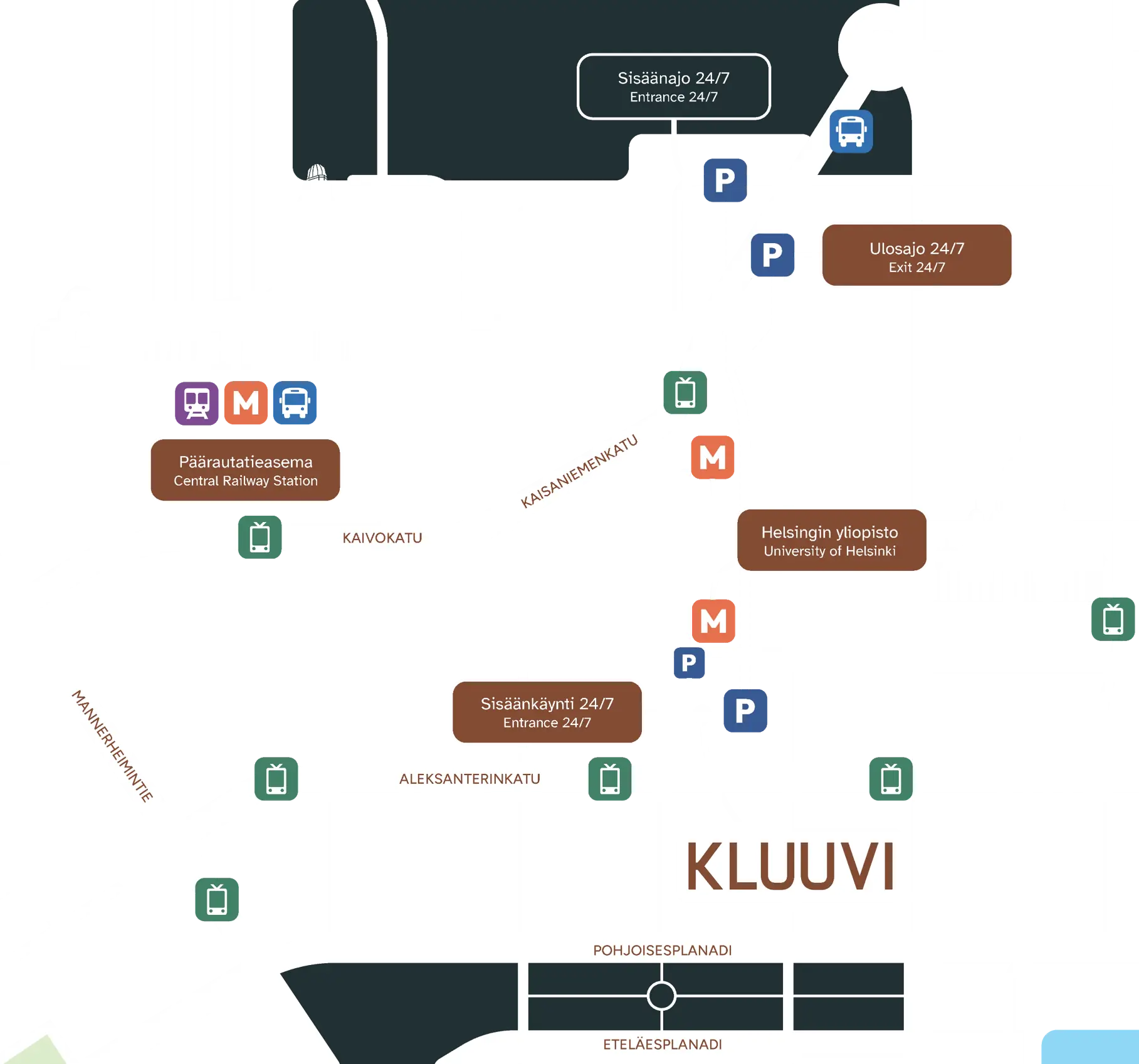 Kartta Kluuvin sijainnista Helsingin ydinkeskustassa